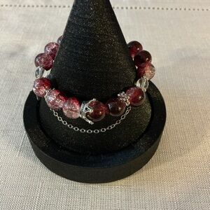 Dark Red Glass Silver Tone Bracelet
